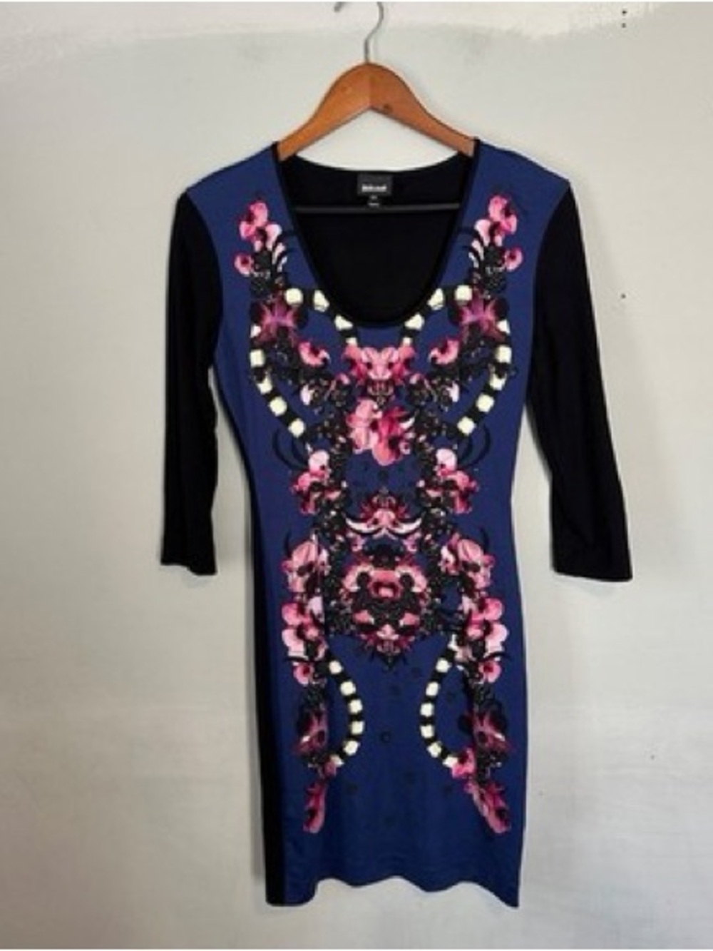 NWT Just Cavalli Orchid Floral 3/4 Sleeves Black Dress Size 42/6